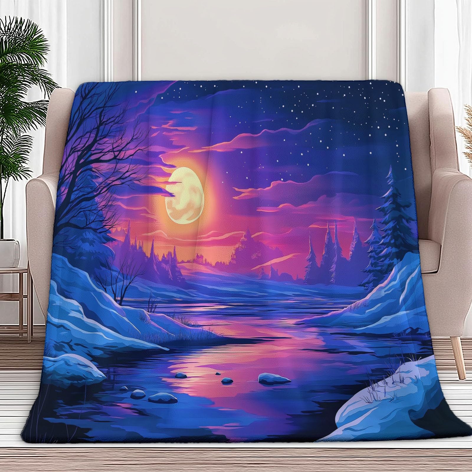 Manta de franela para paisajes de invierno, 220 x 240 cm, manta de forro polar de microfibra polar para todas las estaciones para viajes, sofá para viajar, cama, sofá para niños, adultos, azul zafiro