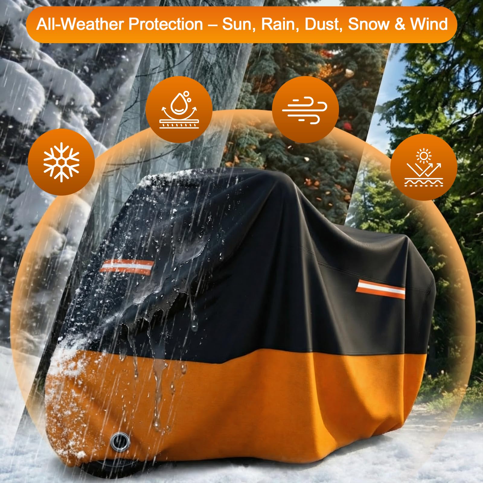 Favoto Housse Moto Extérieure Imperméable - Bâche de Protection XXL Anti-UV & Anti-Poussière avec Trou pour Antivol Sangles Coupe-Vent Noir Orange 245×105×125cm - 3
