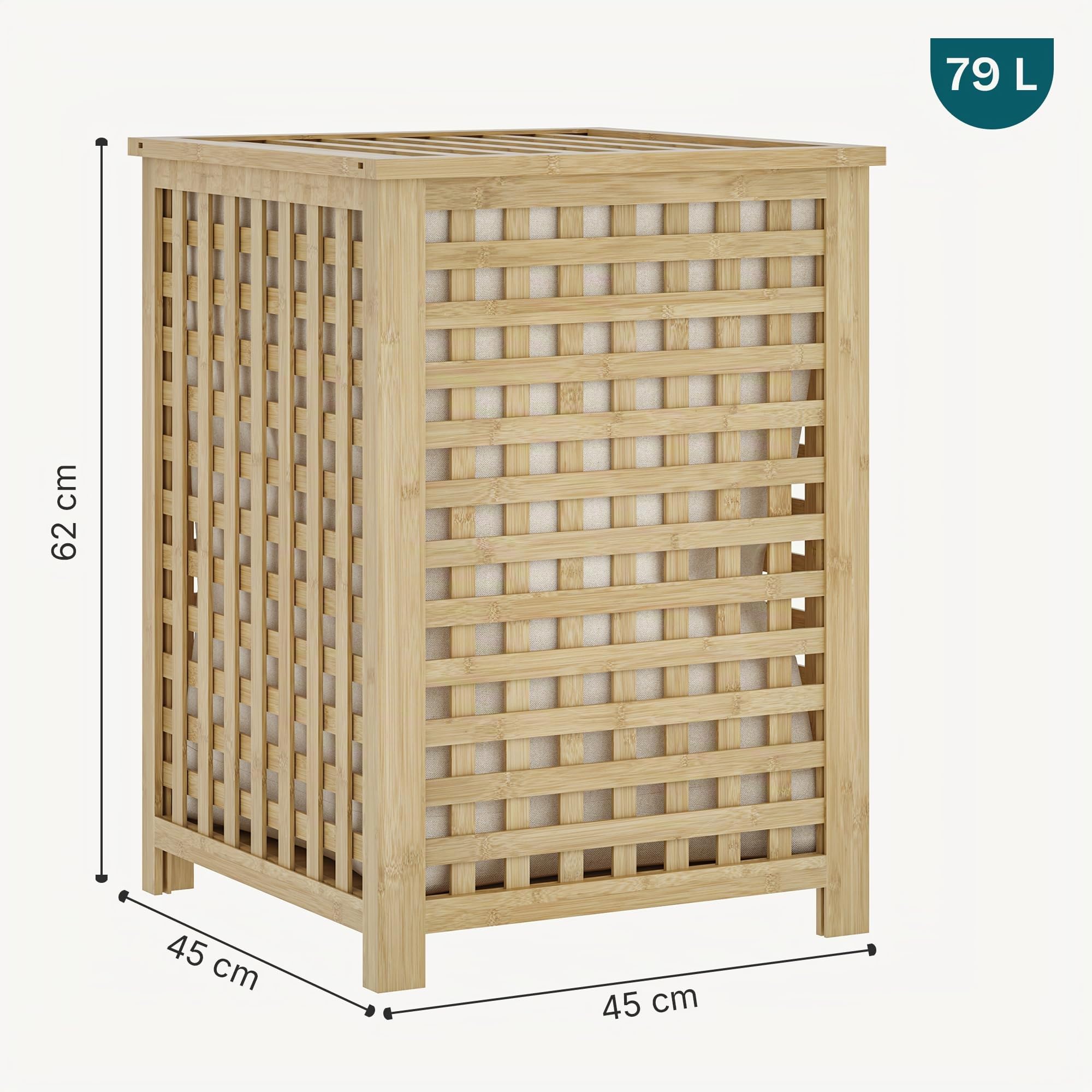 [en.casa] Mobile Portabiancheria in Bambù con Coperchio Ribaltabile e Sacco Interno Rimovibile Cesto per Bucato per Bagno Lavanderia 62x45x45 cm Capacità 79 L