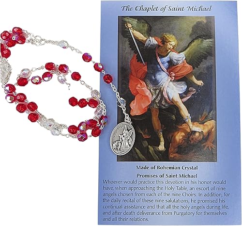 Needzo Coronilla de San Miguel Arcángel con cuentas de cristal rojo y medalla de tono plateado, tarjeta de oración católica y juego de regalo de