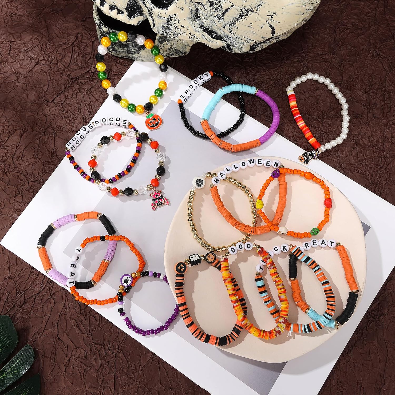 32pcs Halloween Bracelets Set Preppy Clay Stretch Charm Beads Stackable Bracelet Surfer Ghost Pumpkin Skull Spider Boo for Women Accessories Party Jewelry - Image 3