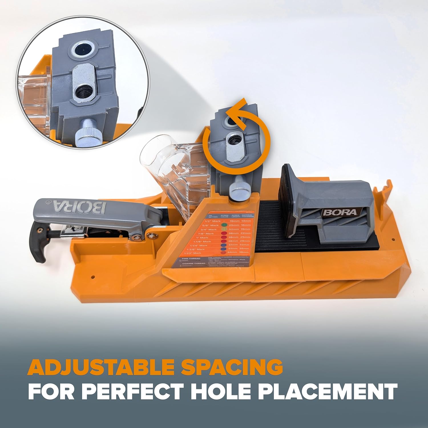 BORA Automatic Pocket Hole Jig with 3" Face Clamp and 50 Screws, Auto Adjusting Drill Guide, Pocket Hole Jig Kit for Woodworking - For Materials 1/2 inch to 1 1/2 inch Thick, Power Tool Accessory Jigs