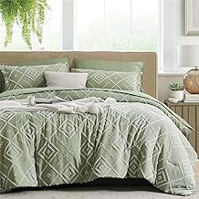 KAKKI Sage Green Tufted Queen Comforter Set 7 Piece Bed in a Bag, Shabby Chic Boho Comforter and Sheet Set, Soft Microfiber Complete Bedding Set for All Season(Green, Queen)