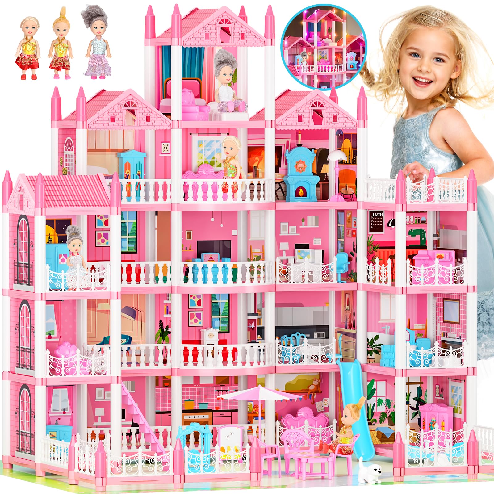 Large Dream Doll House for Girls, with Dolls, Mat, LED Light, Furnitures, Accessories Toddler Dollhouse Toys Gift for 3 4 5 6 7 8 9 10 Year Old Girls Toys
