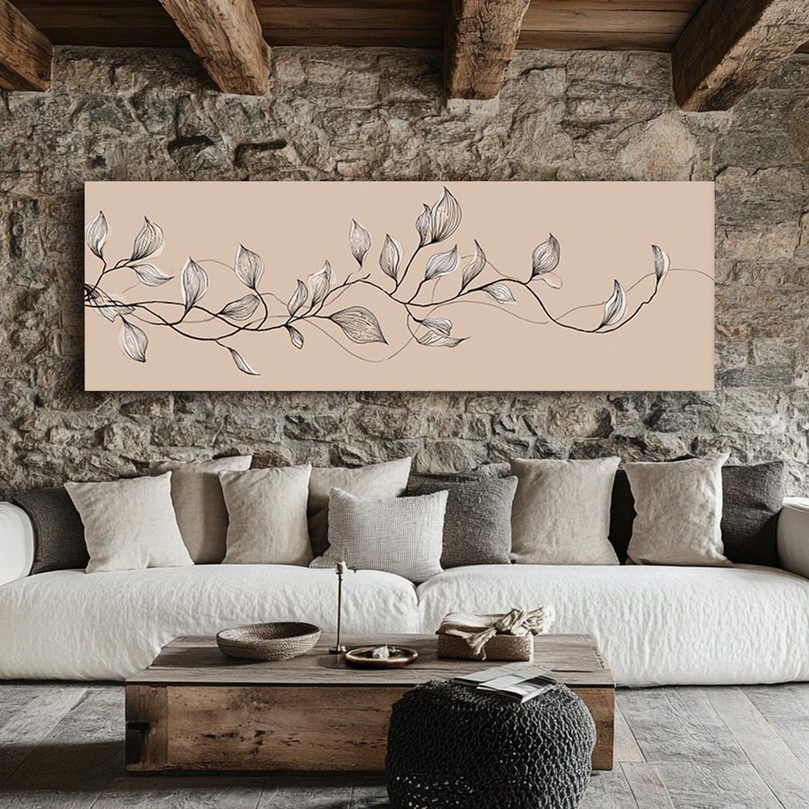Cuadro con hojas horizontales alargadas, impresión en lienzo alto y delgado con marco, pintura horizontal estrecha para la decoración del hogar, la oficina o los pasillos (55 x 110 cm/sin marco).
