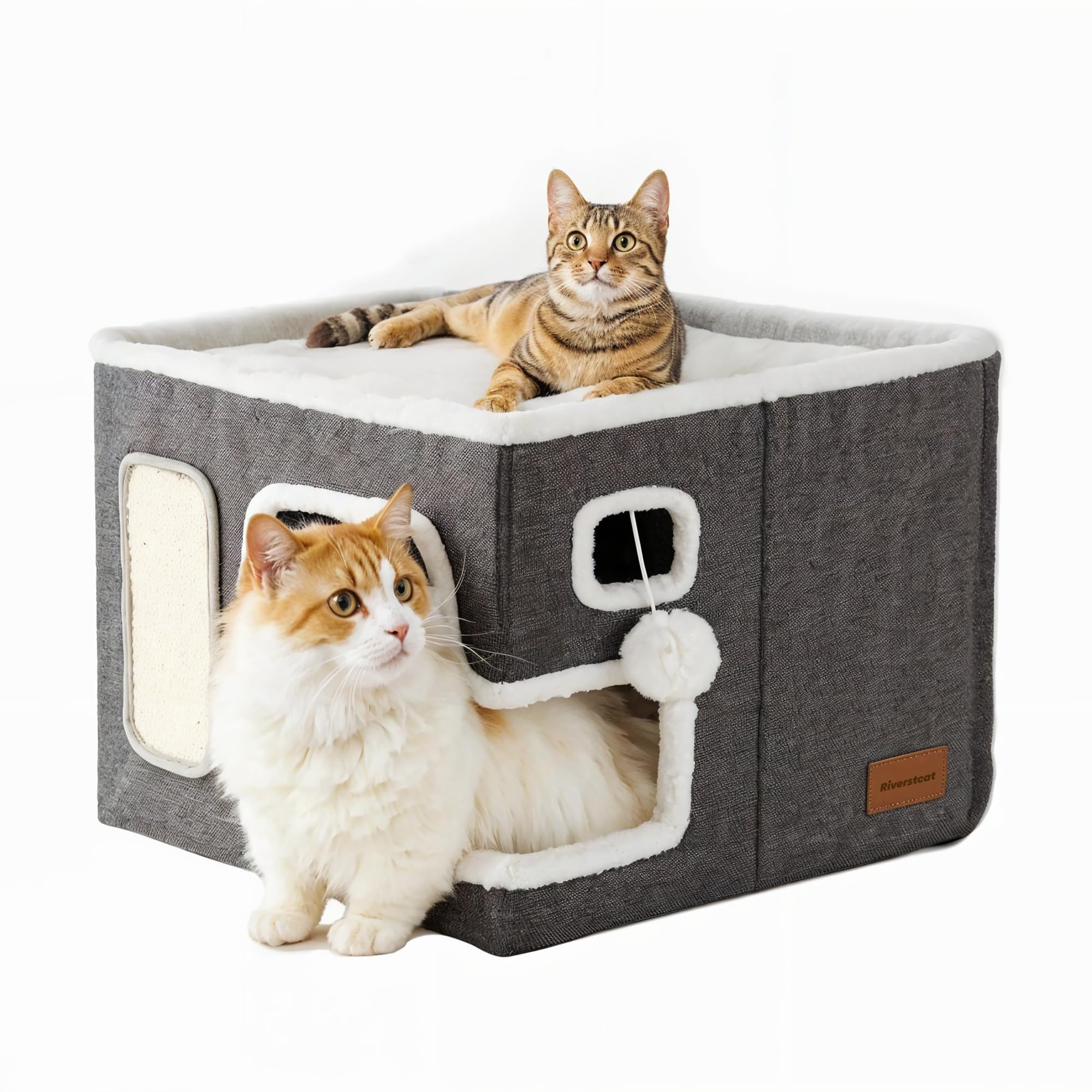 Riverstcat Cat house,foldable modern cat cube bed with fluffy ball and scratching board, Multifunctional comfortable large dark grey cat cave & hideaway for indoor cats,16x16x13.5 Inches