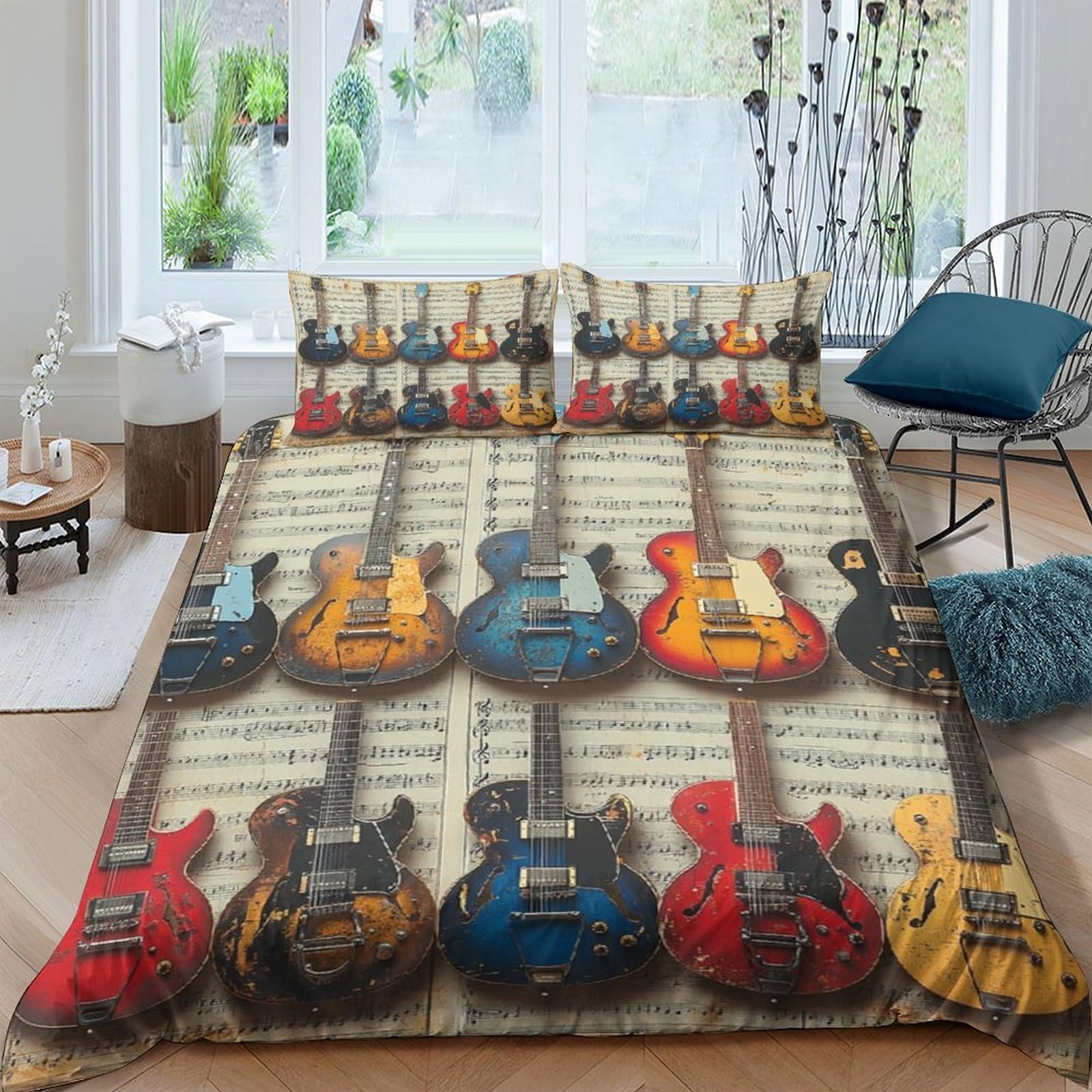 Ctjqhvkz Style-2 3D Printed Colorful Guitar Fitted Sheet Microfiber Soft Breathable Retro Music Bed Cover For Bedroom Dorm Decor Single（135X200cm）