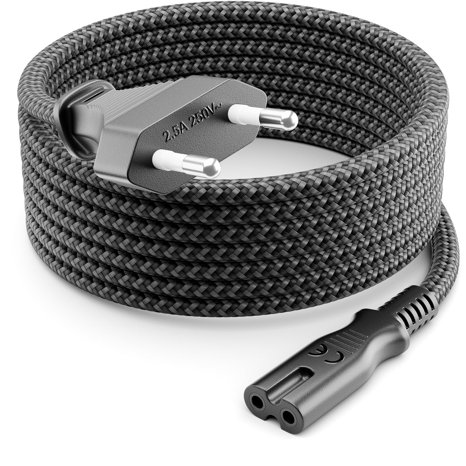 deleyCON 3,0m Cable de Alimentación Eléctrico Enchufe Euro Tipo C a C7 (Nylon) Conector Plano 2,5A para Toma C8 TV Soundbar PS4 PS5 Adaptadores Pequeños Electrodomésticos etc. - Gris