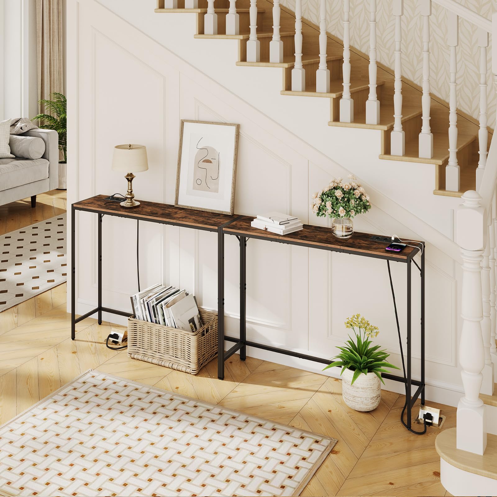 MAHANCRIS Mesa de Entrada y Sofá Estrecha, Consola Con Estructura Metálica, Estilo Minimalista para Salón, Pasillo, Entrada, Vestíbulo, Marrón ACTHR112UE01