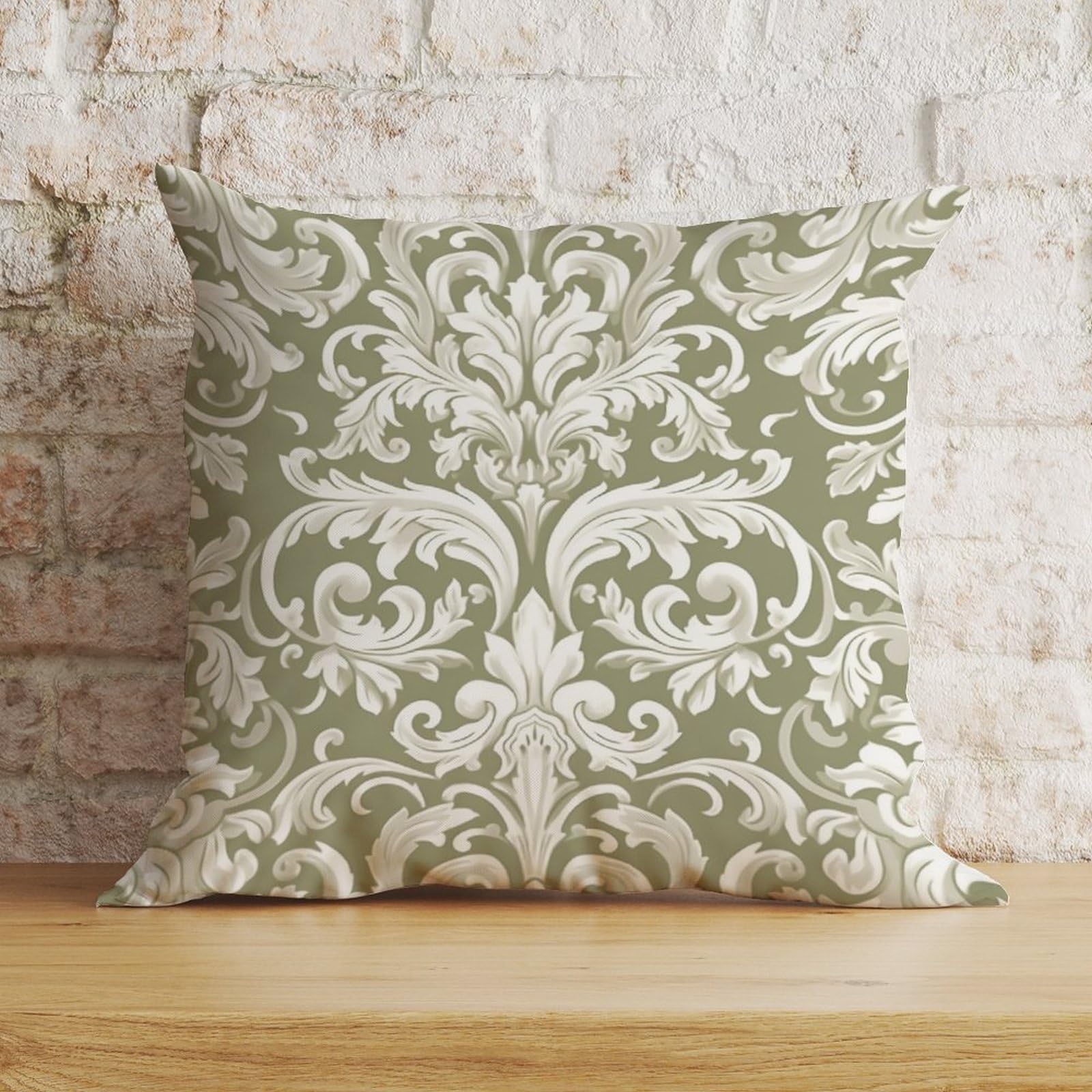 Zyadsinoudor Style-13 Pillow Cover Tan White Damask Pillow Case Asian Chinoiserie 18X18in Decorative Pillow Home Cotton Linen Retro Rustic Throw Pillowcase For Home Indoor Sofa Couch Decor