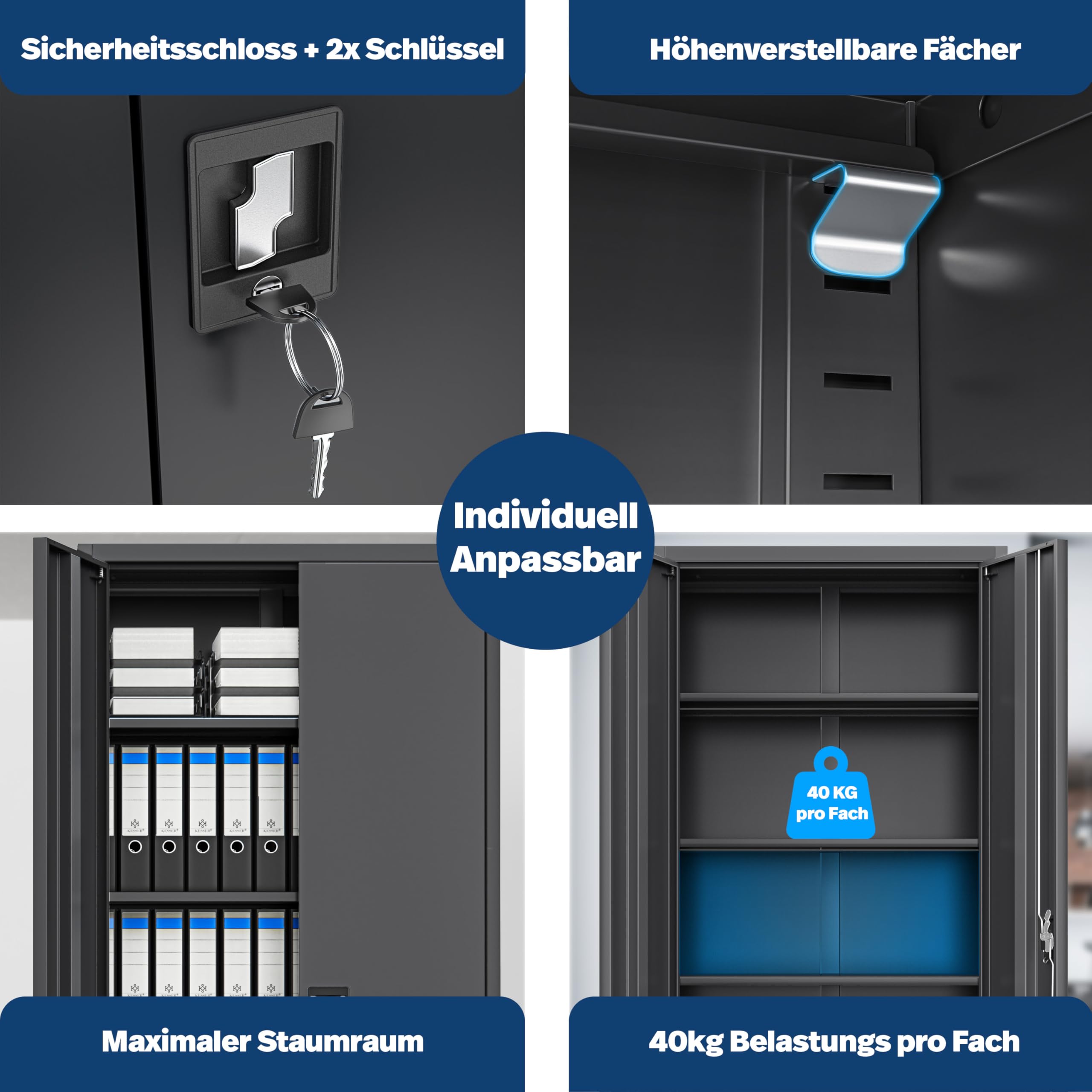 KESSER® Armoire de classement verrouillable avec portes battantes 180 x 80 x 40 cm | Armoire de bureau en acier avec 4 étagères réglables en hauteur | Armoire multi-usages, 5 compartiments flexibles