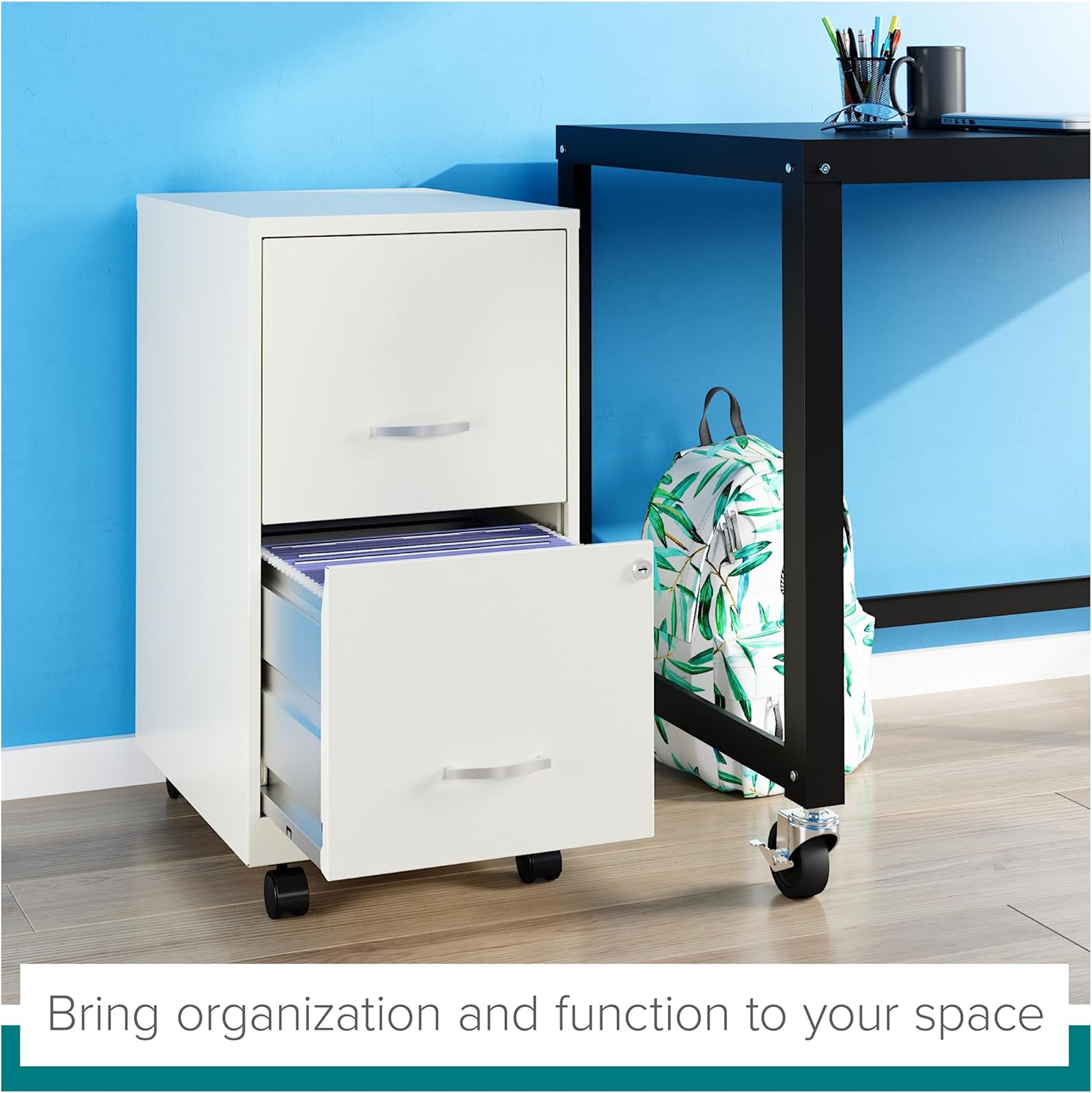 Space Solutions - 2 Drawer Fully Assembled Vertical Steel File Cabinet, Home & Small Office Use, Fits Under Most Desks, Letter-Size, Lock, Mobile, Pearl White