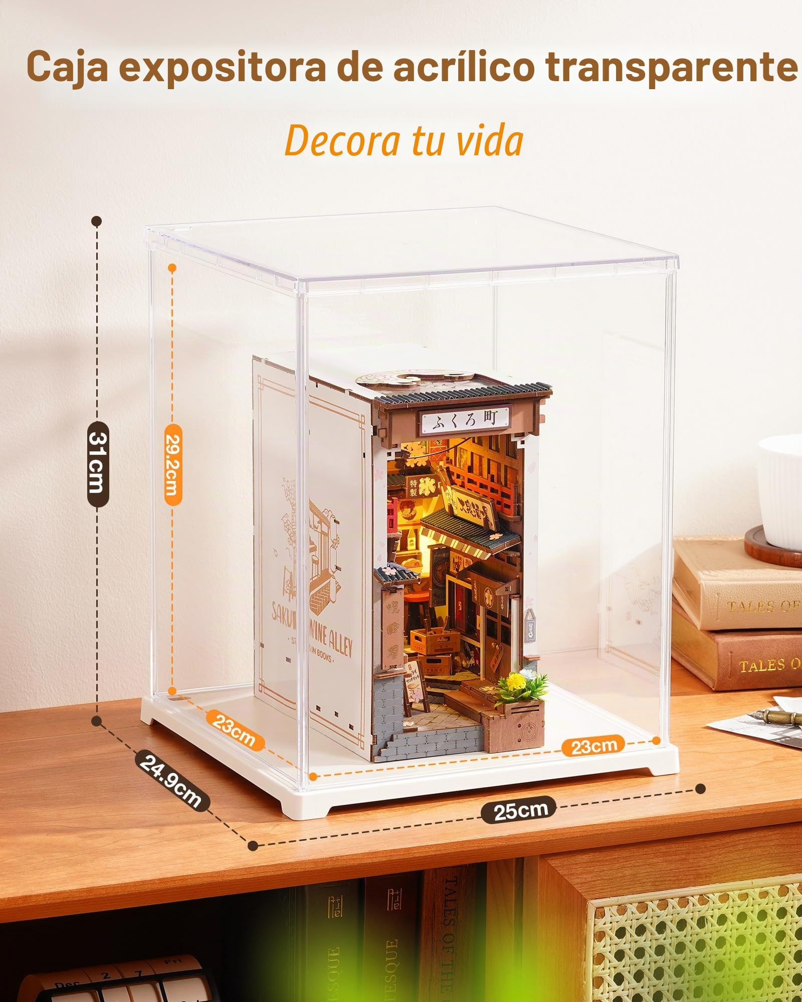 Rolife Vitrina Acrílica con Orificio para Cables Caja Expositora Transparente para Book Nook, Puzles 3D, Figuras de Acción y Maquetas Miniatura LED (23x23x29,2 cm)