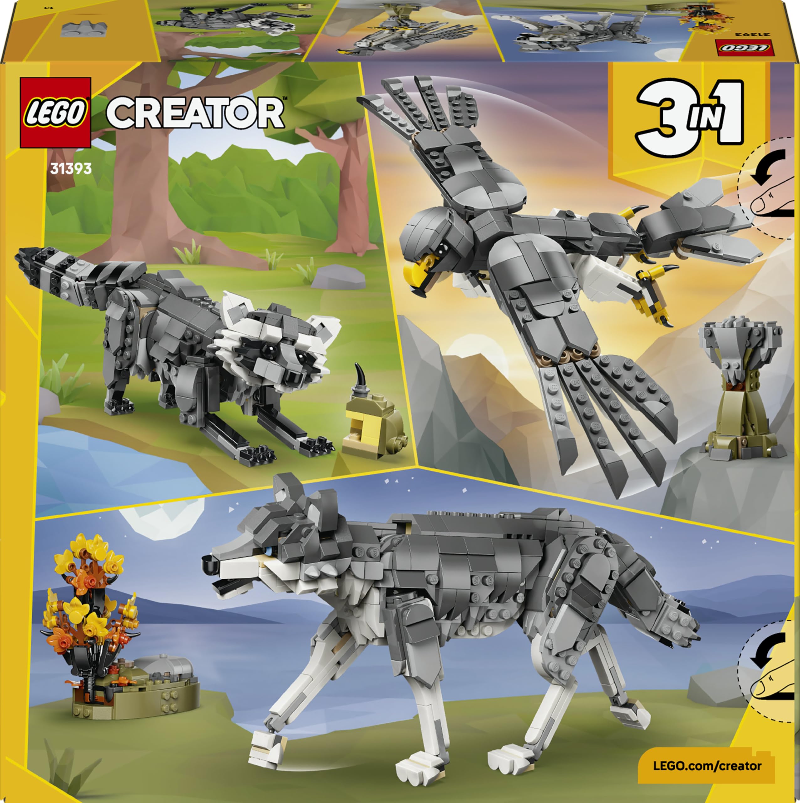 LEGO Creator 3 in 1 Animali della Foresta: Lupo Grigio - Animale Giocattolo Trasformabile in Falco o Procione - Decorazione Cameretta - Regalo di Compleanno per Bambine e Bambini da 8 Anni - 31393