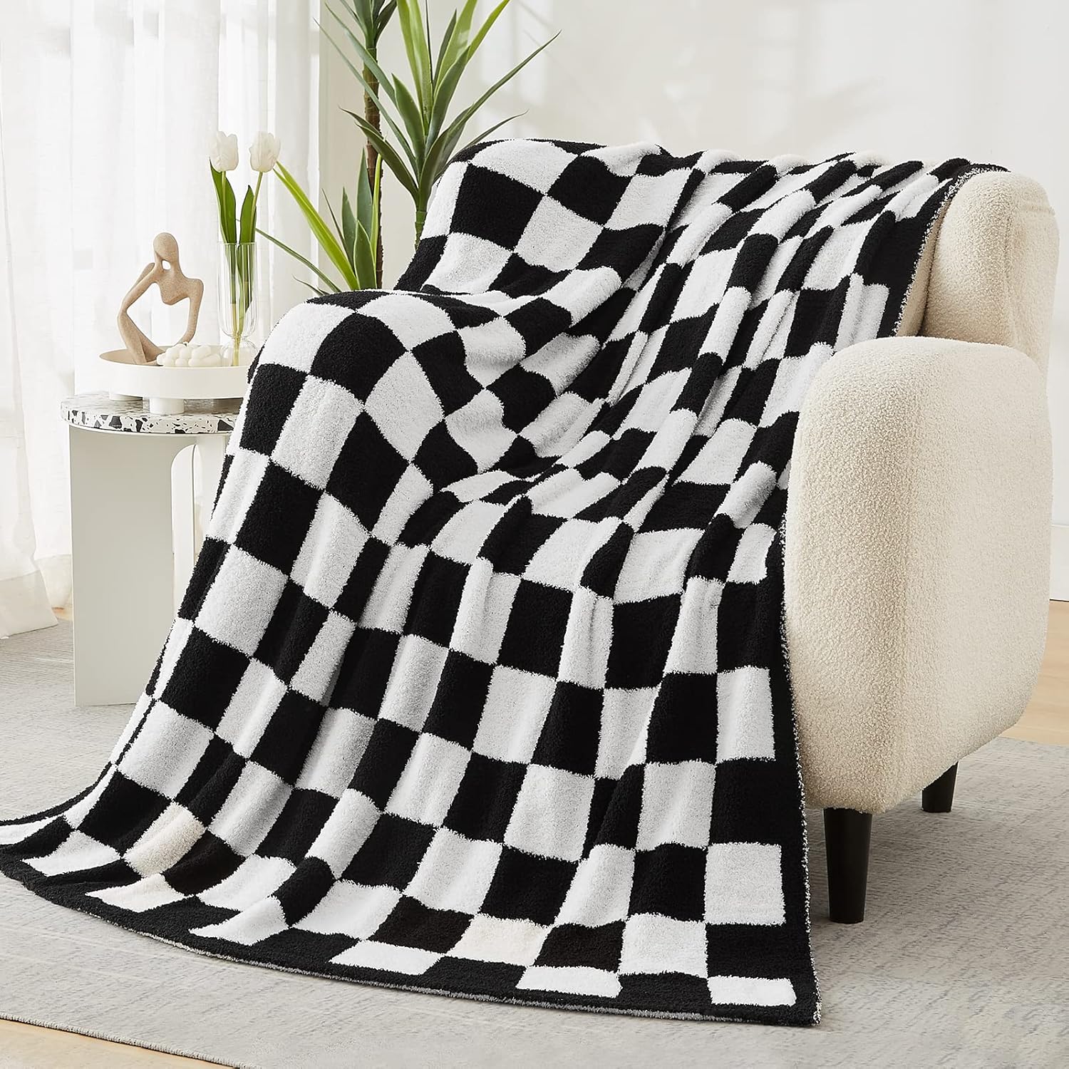 WRENSONGE Checkered Throw Blanket, Black and White Soft Cozy Fluffy Warm Hand Made Throw Blankets for Couch, Sofa, Chair, Bed, Camping, Picnic, Travel Lightweight Bed Blanket - 50"*70" - Image 6