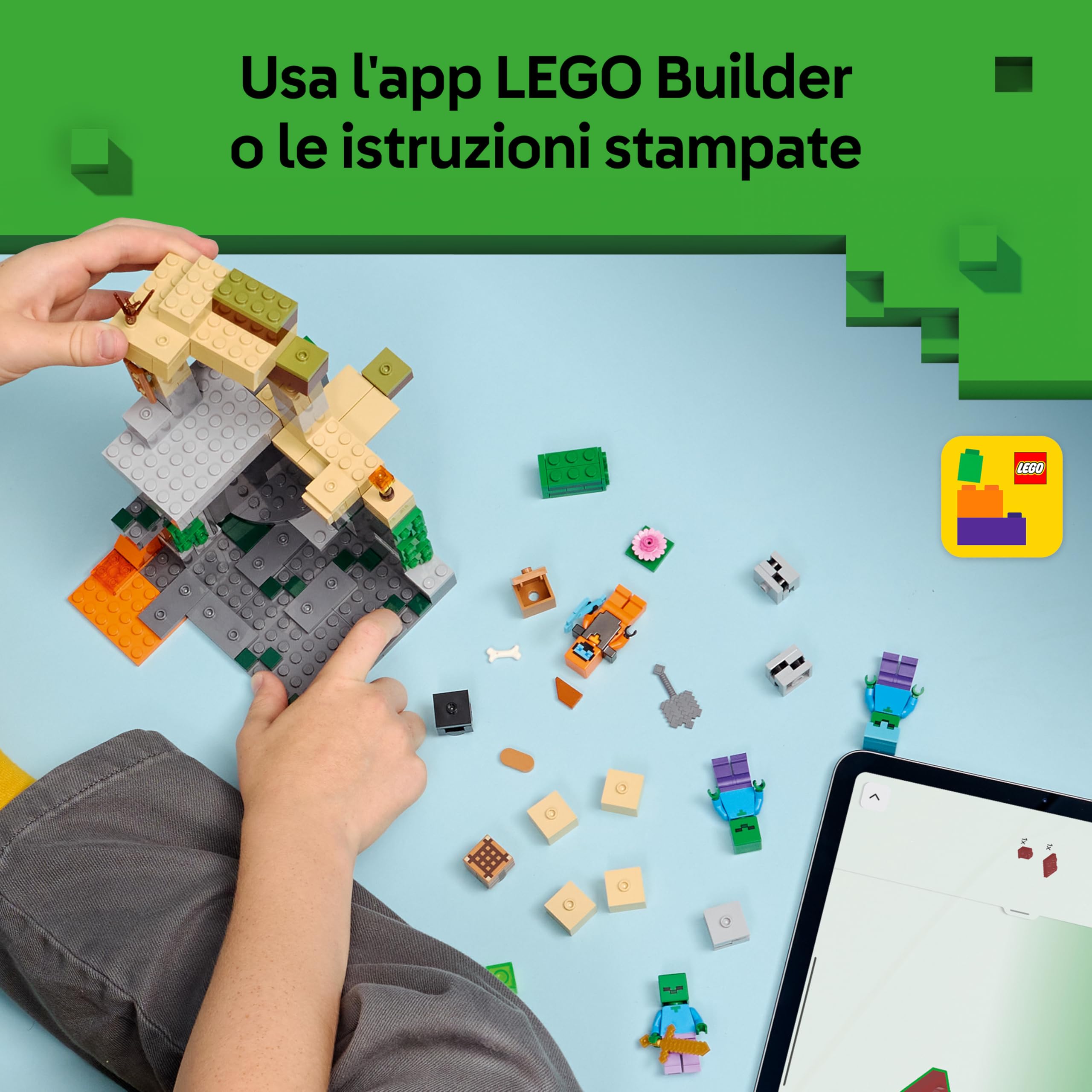 LEGO Minecraft Zombie Dungeon - Giocattolo Interattivo con Minifigure di Viandante, 3 Figure Zombie, Slime e un Tavolo da Crafting - Regalo per Gamer, Bambini e Bambine da 8 Anni in su - 21587