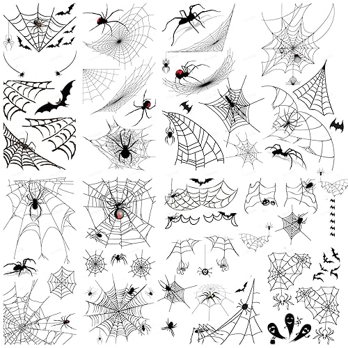 Miniatura 5 de 9 hojas de tatuajes temporales de telaraña 3D para Halloween, kit de maquillaje para mujeres y adultos, diseño realista de bruja murciélago zombi,