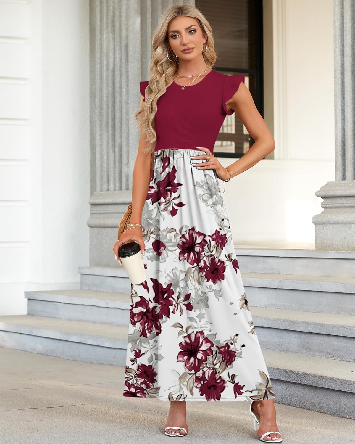 MISFAY Women's Ruffle Sleeve Maxi Dresses Casual Crewneck Long Dress with Pockets(Red Flower White,XL) - Image 4