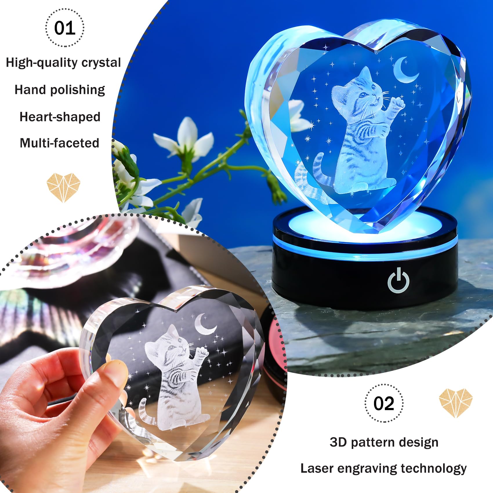 Arikyrist K9 Crystal Heart Engrave 3D Cat and Moon Figurine Keepsake with LED Light Base Cat Themed Gifts for Women Cats Lovers Collectible Paperwight Ornaments Home Decor - Image 4