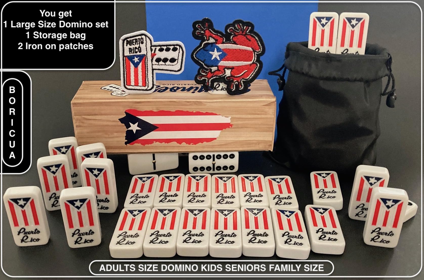 Juego de bolsas de dominó de Puerto Rico Juego de Dominó Azulejos Boricua PR Puerto Rico Domino Conjunto Clásico Doble Seis Domino Tamaño Adulto Debe Tener Familia (Viene con bolsa de viaje) sin caja 2
