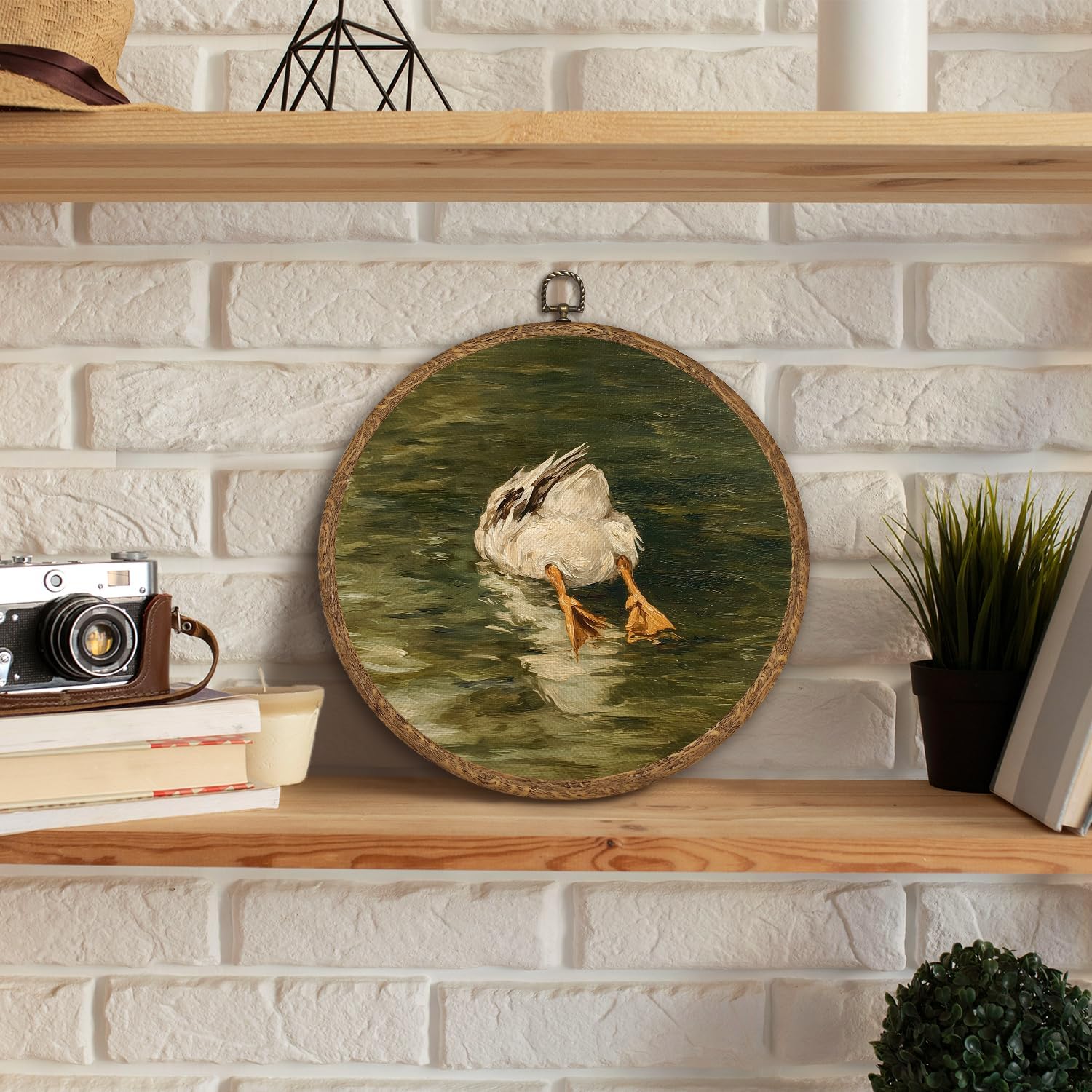 WMSYUO Vintage Goose Round Wall Art Decor，Funny Silly Goose Circular Frame Wall Decor, Country Farm Animal Canvas Print Hanging Artwrok for Living Room Bathoom Bedroom 10''x10'' (Green-Duck01) image 3