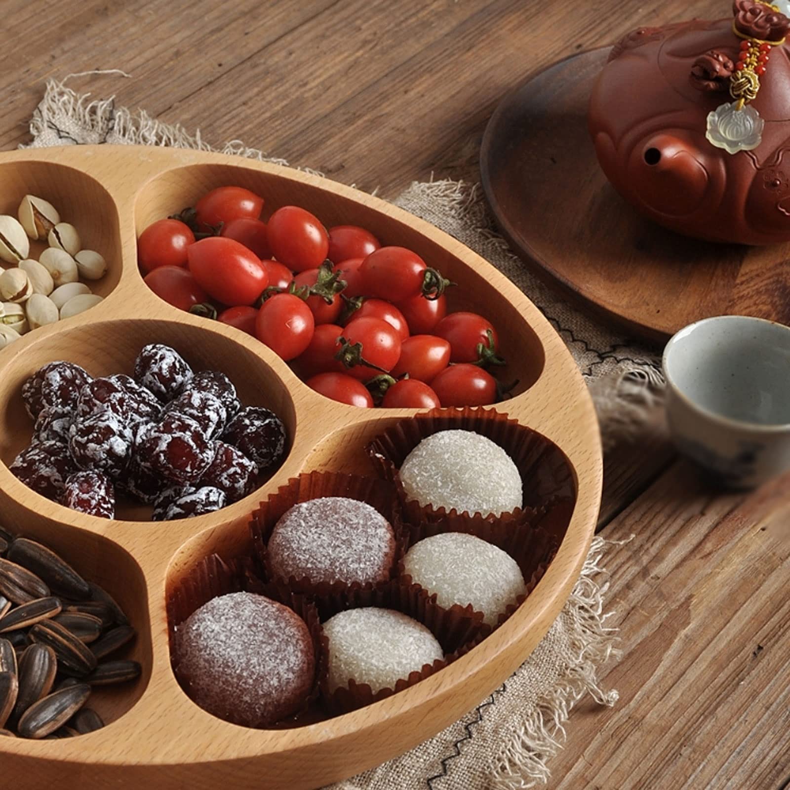 Ciotola per frutta multi-divisa, in legno, per frutta secca, dessert, vassoio rotondo per esposizione torte, decorazione per feste di compleanno, casa (M)