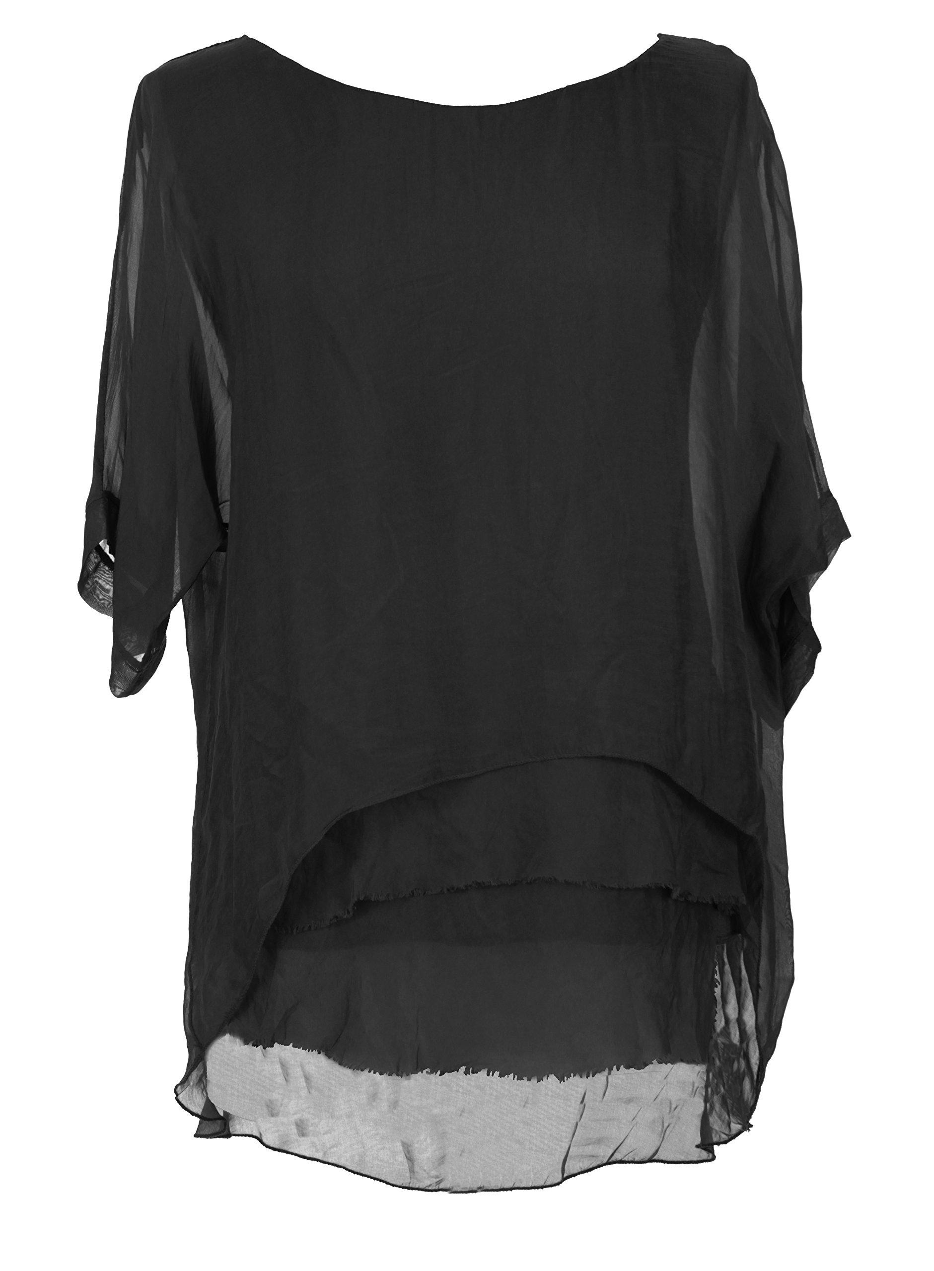 Texture Women's Black Italian Lagenlook Short Sleeve Frill Frayed Hem Silk Tunic Top Blouse One Size (As8, Alpha, One_size, Regular, Regular, )