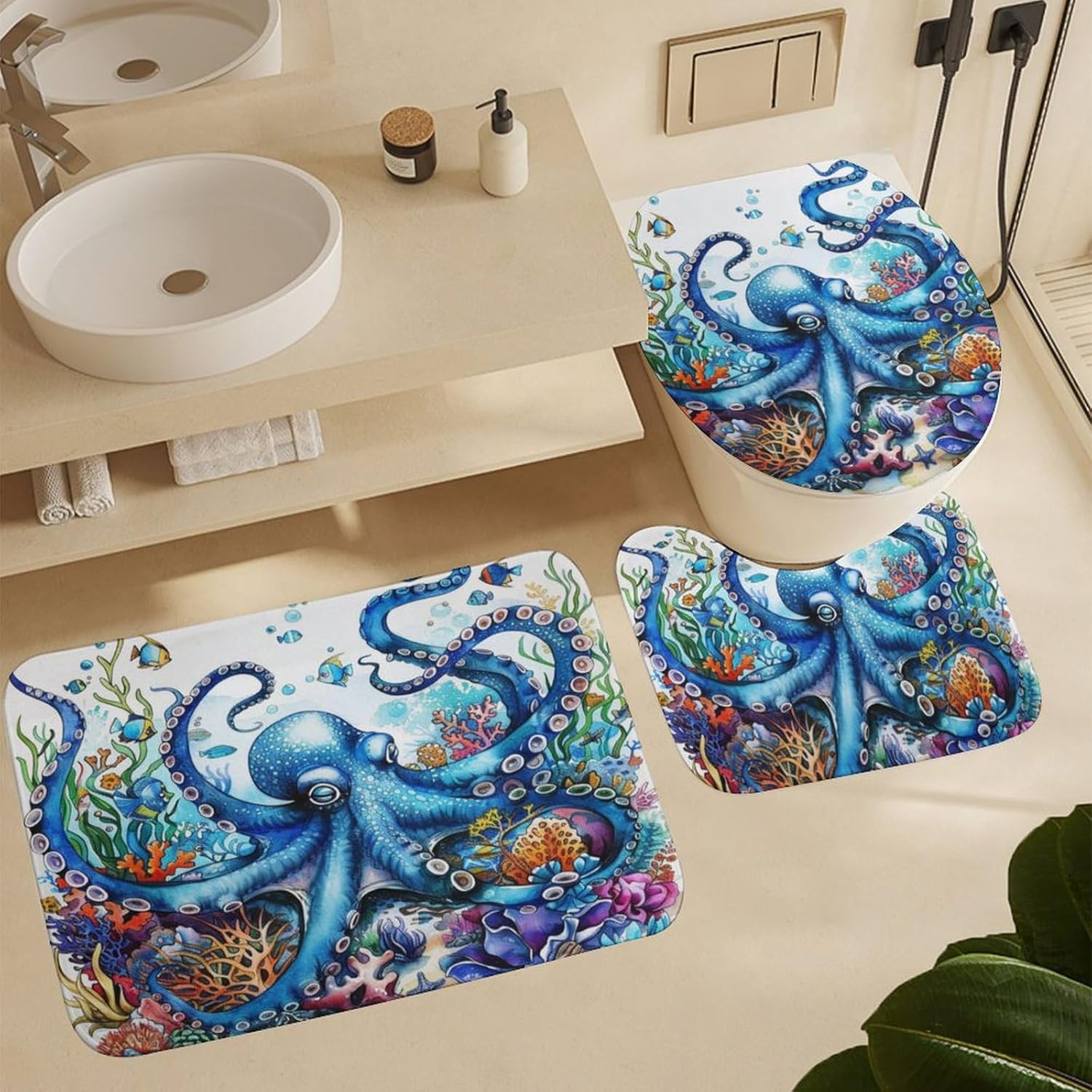 4Pcs Funny Octopus Marine Life Shower Curtain Set with Toilet Lid Cover Non-Slip Rugs for Bathroom, Ocean Fish Coral Seaweed Shower Curtain Bathroom Sets with Hooks, 72x72 Inch