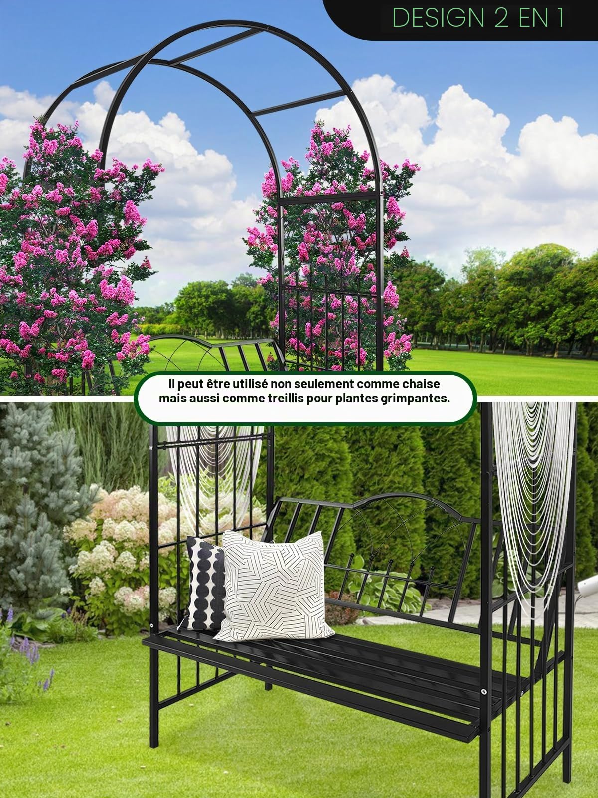 Kalolary Tonnelle Jardin Robuste en Métal avec Banc, Siège pour Plante Grimpante et Support d'Escalade pour Vignes et Fleur, Pavillon Arc de Jardin pour Extérieur