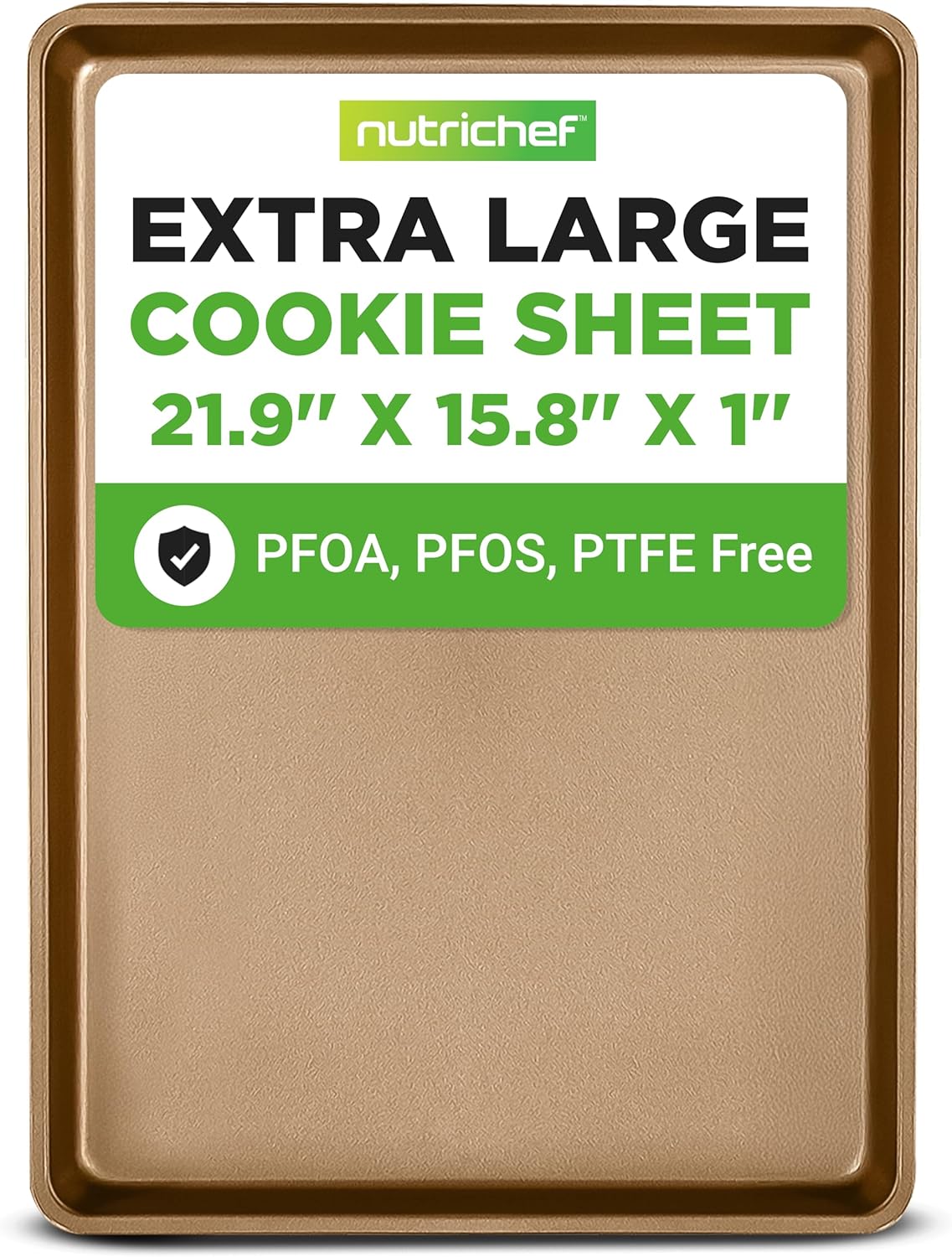 NutriChef Nonstick XL Cookie Sheet Baking Pan - Extra Large 22" x 16" Carbon Steel Oven Baking Sheet for Pastries, Desserts, & More - Dishwasher Safe, Gold 1-Pack Gold