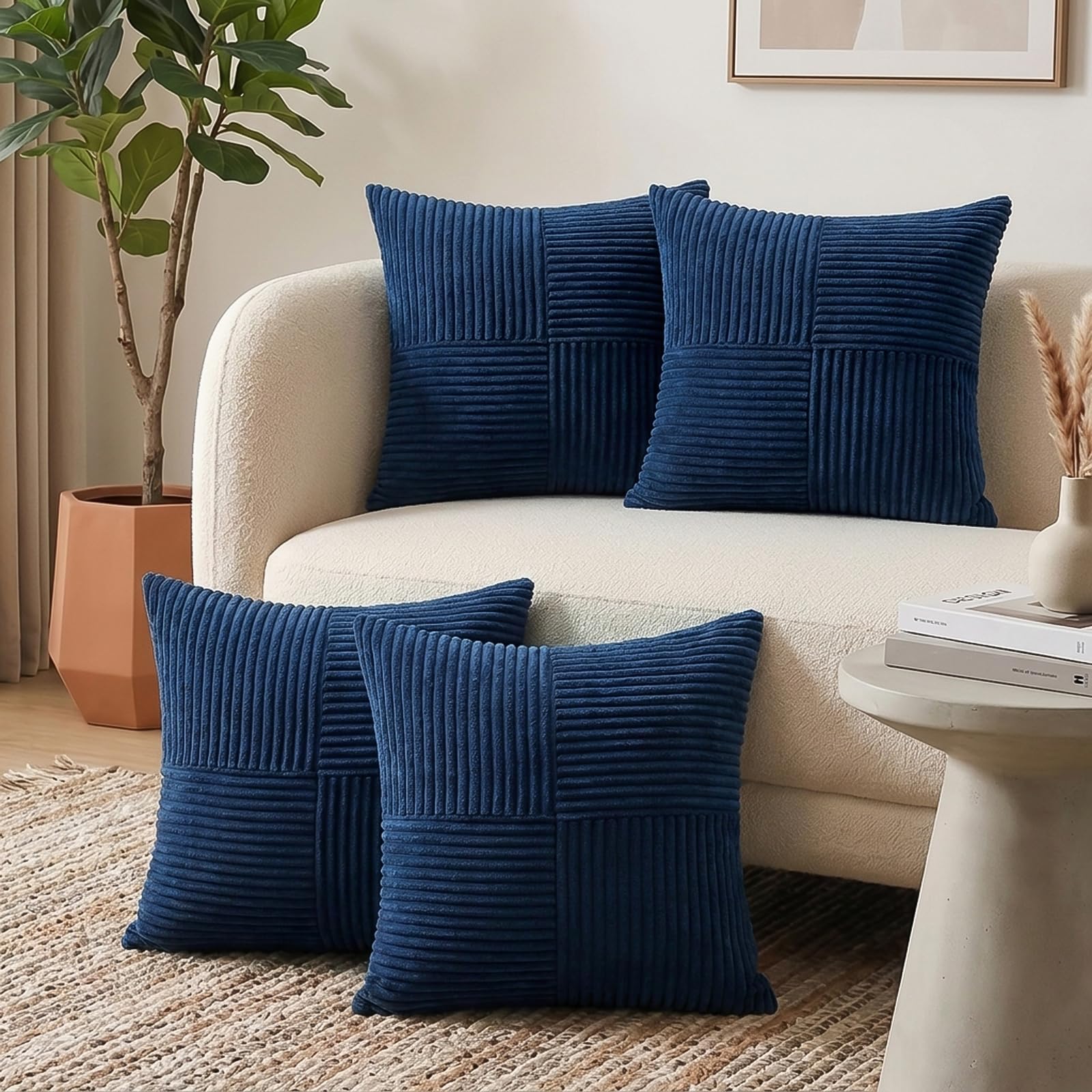 Sungeek Navy Blue Decorative Cushion Covers Set of 4 Soft Corduroy Striped Cross Patchwork Textured Pillow Cover Solid Boho Farmhouse Throw Pillow Cases for Sofa Couch Bedroom Living Room 45x45cm