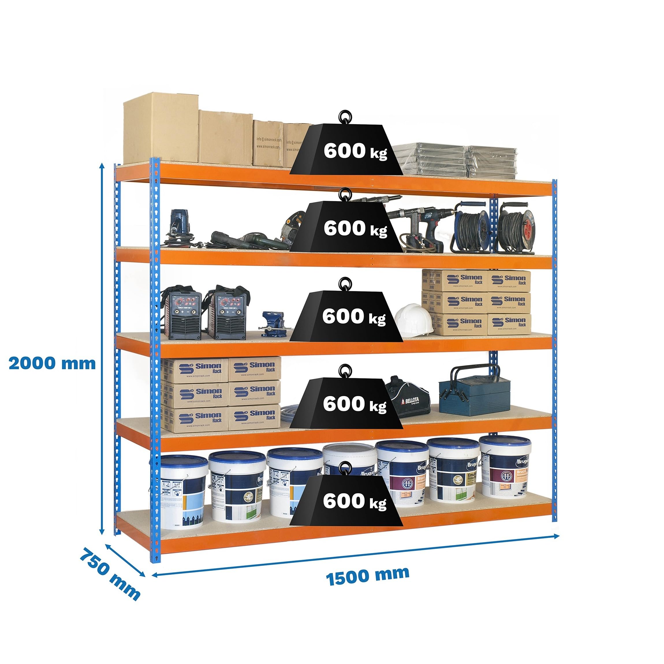 Simon Rack Estanteria Industrial, 2000x1500x750 mm, 600 kg de Punto Flexión, 5 Estantes Madera, Estanterias Almacenaje, Estanterias Metalicas, Azul/Naranja/Madera - SimonTaller