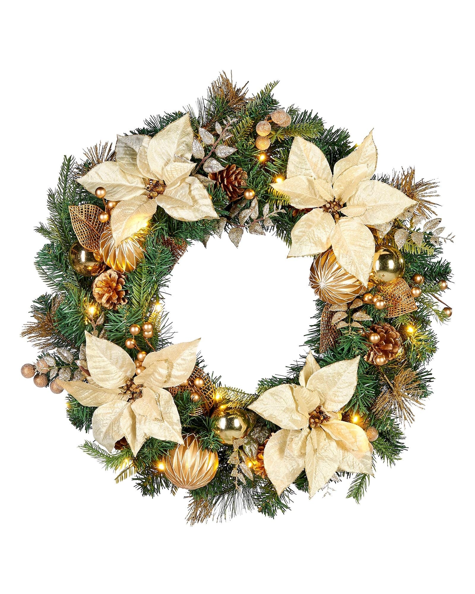 Pre-Lit Decorated Wreath, Cream/Gold, 60 cm