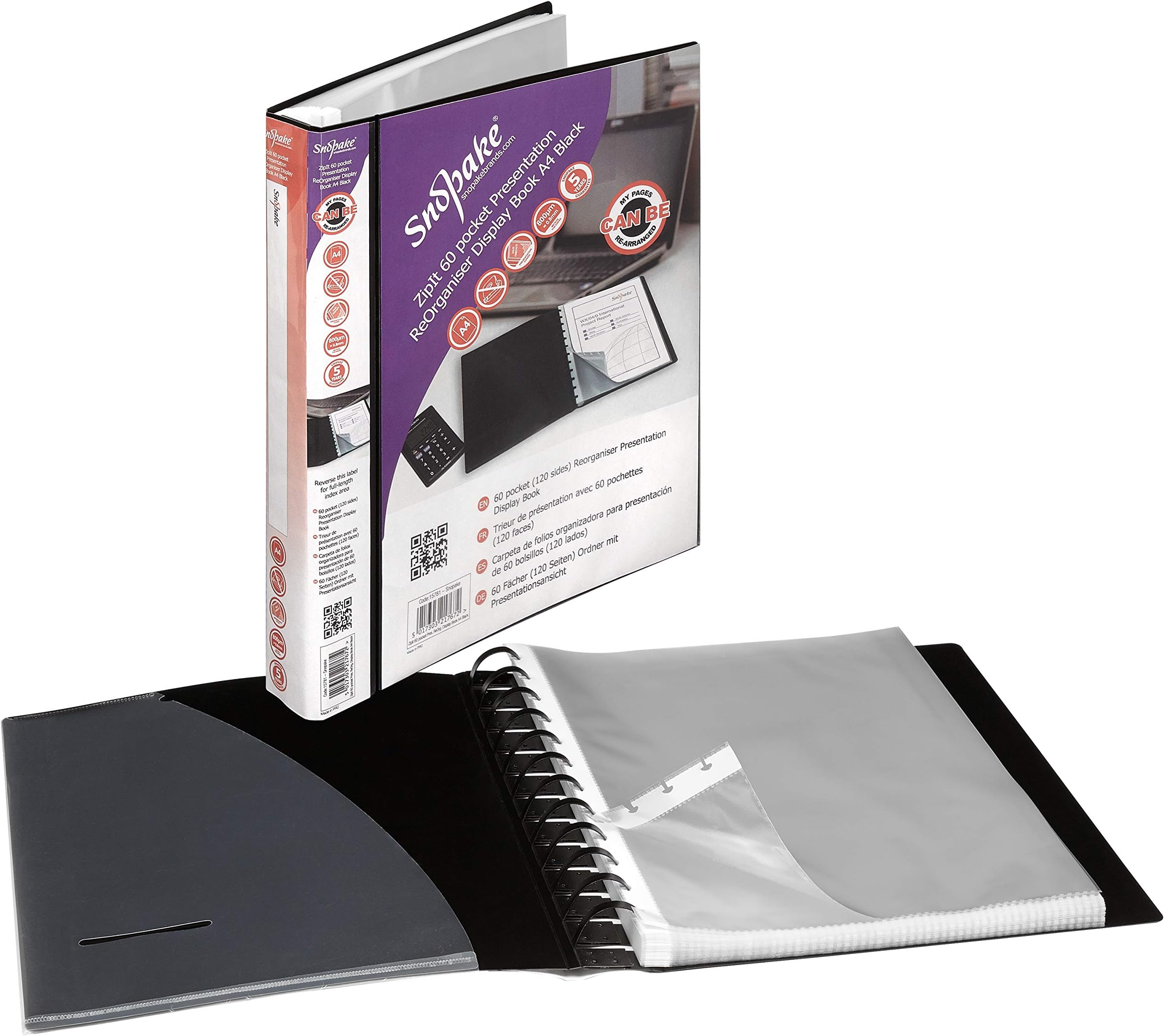 Snopake A4 Zipit 60 Pockets Presentation ReOrganiser Display Book – Black [Pack of 1] Ref: 15781
