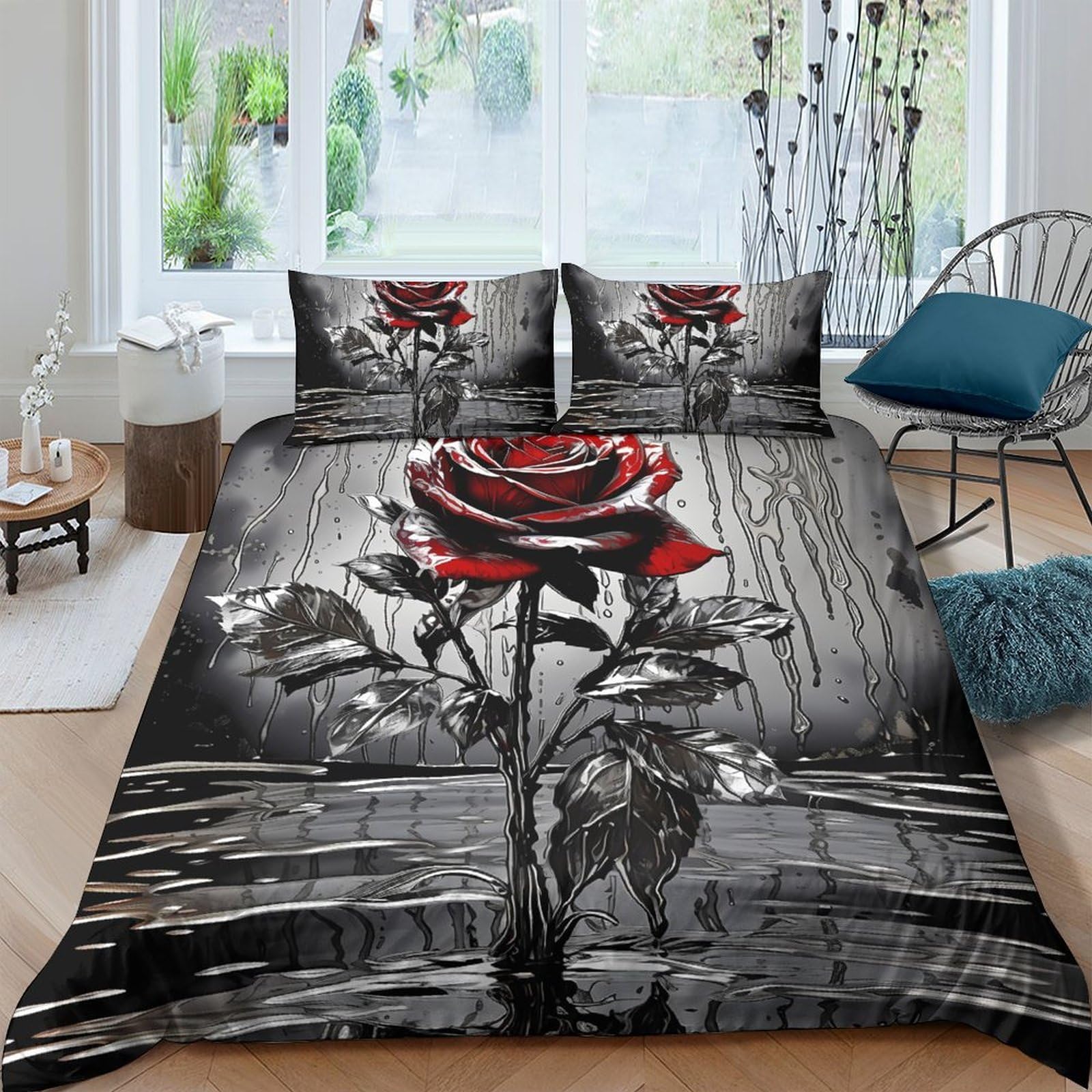 Ctjqhvkz Style-3 3D Printed Red Rose Fitted Sheet Microfiber Soft Artistic Black Grey Rose Mattress Cover For Bedroom Guestroom Decor Single（135X200cm）