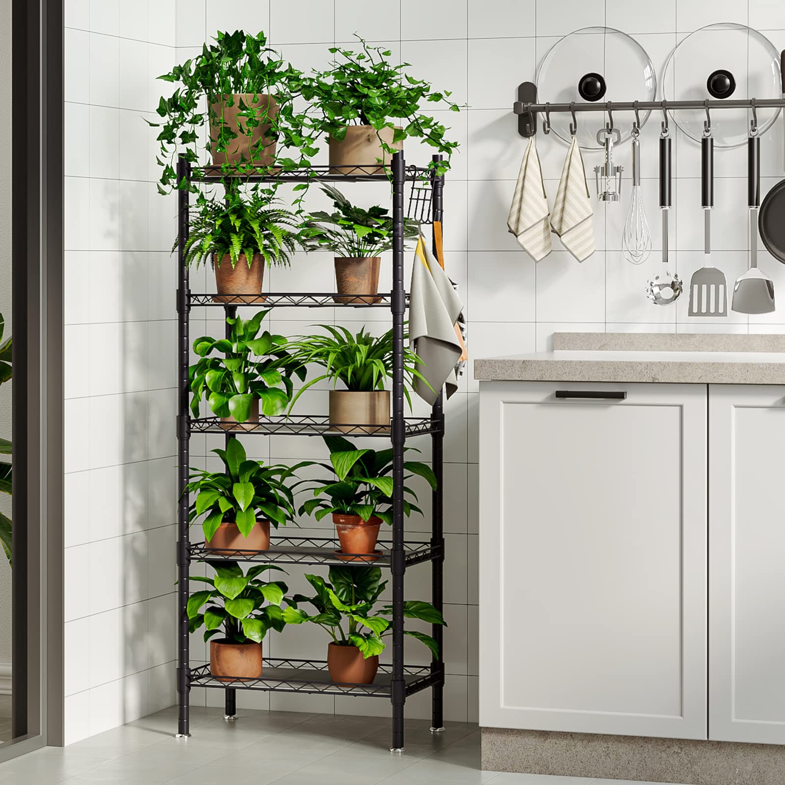 INGIORDAR Plant Stand 5 Tier Indoor Corner Tiered Plant Organizer Metal Flower Pot with Adjustable Rack for Display Multiple Plants Storage Garden Balcony Living Room, Black (Black)