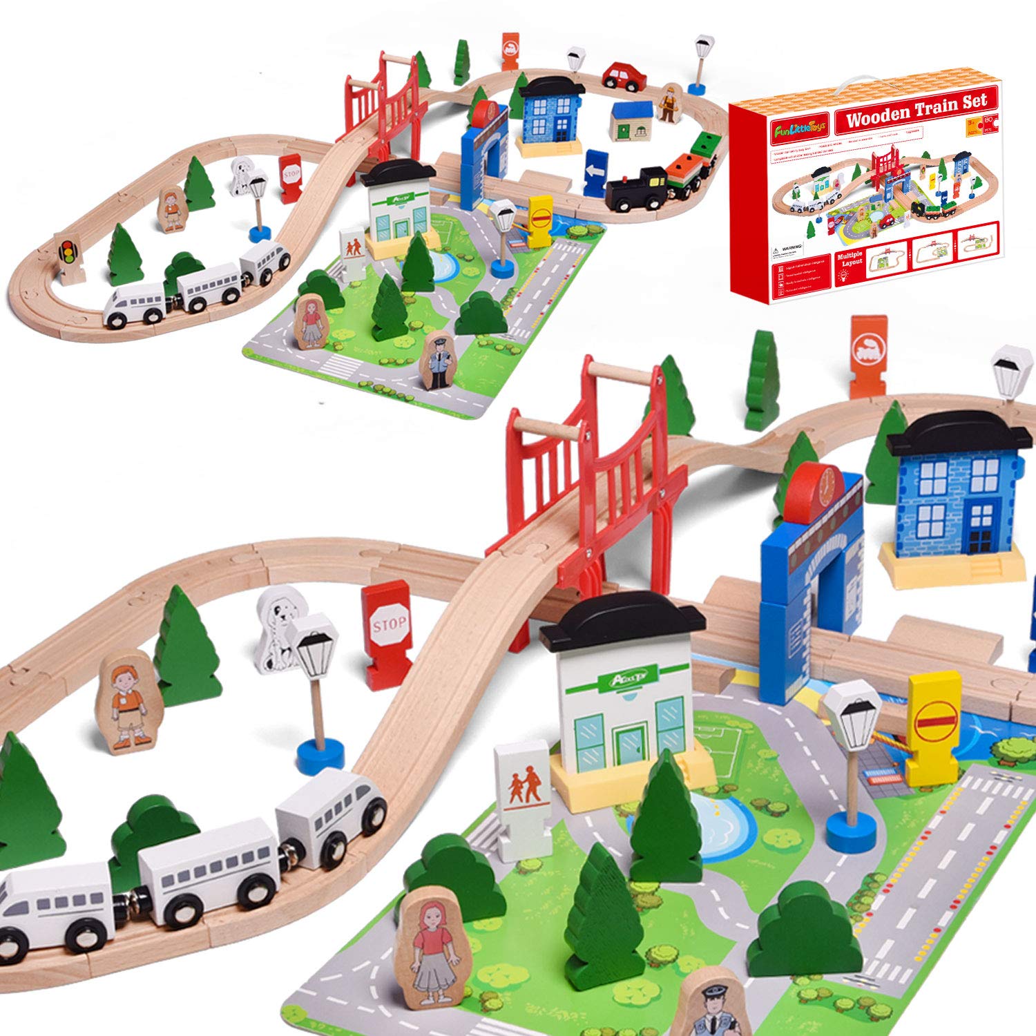 Buy FUN LITTLE TOYS Wooden Train Track 80 Pieces Wooden Railway Set