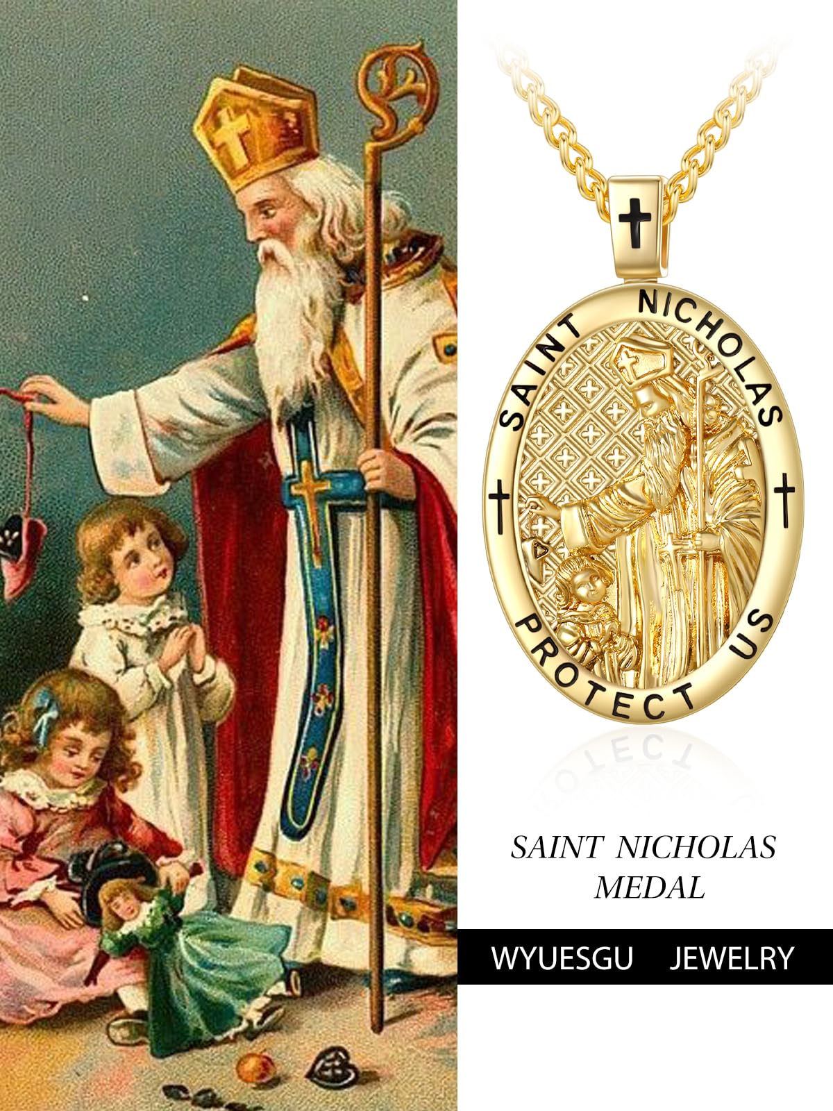 Medalla de oro de 14 quilates con colgante de San Patrono para hombre, collar católico religioso de cumpleaños para hombres con cadena Rolo de 2,5 mm de 22 pulgadas + 2 pulgadas