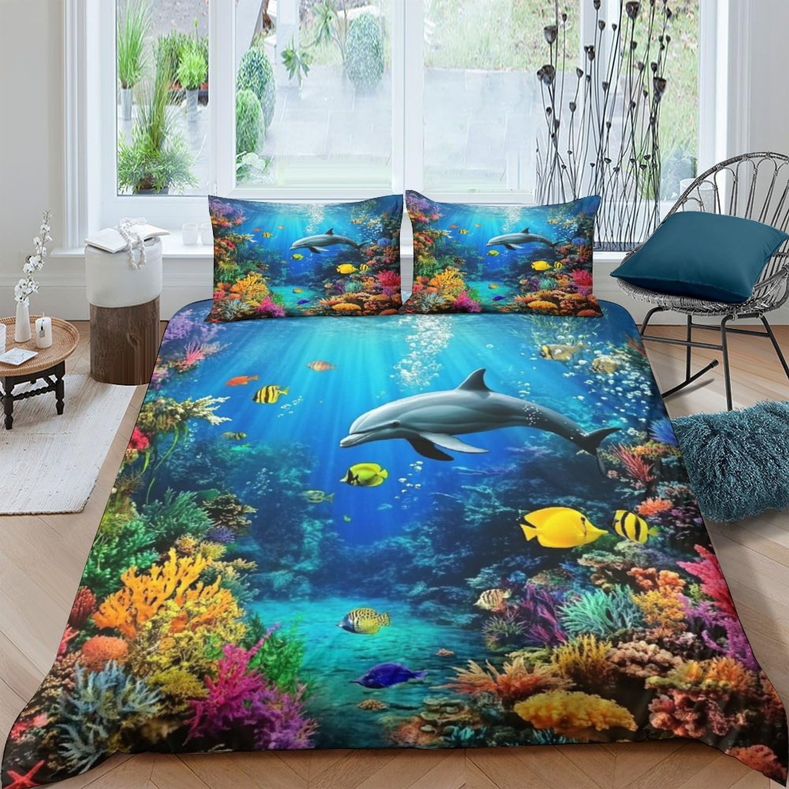Ctjqhvkz Style-3 3D Printed Ocean Dolphin Fitted Sheet Microfiber Soft Underwater Coral Mattress Cover Bedroom Decor Single（135X200cm）