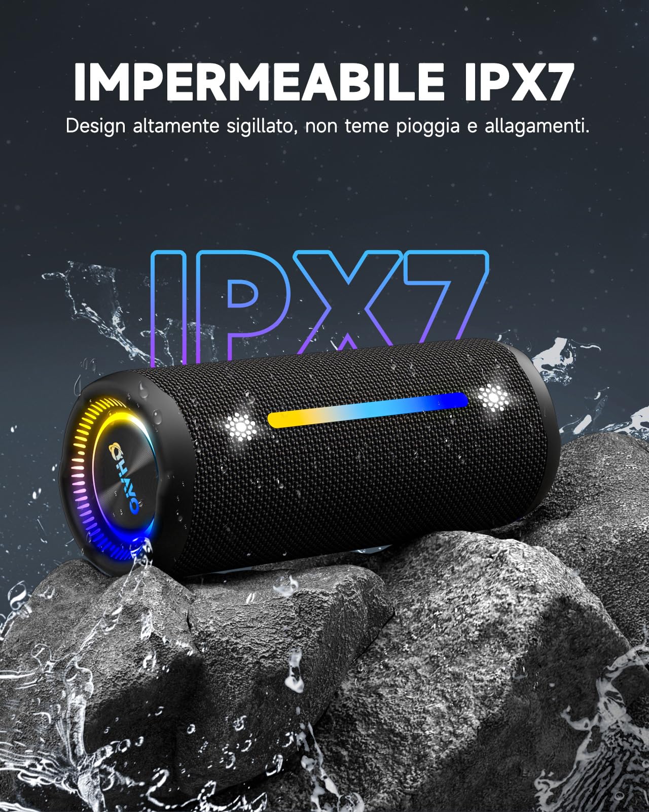 OHAYO X10 Cassa Bluetooth Potente 25W con Doppio Driver, Luce LED Show, 24H Autonomia, Bassi Potenziati e Impermeabile IPX7 - Altoparlante Bluetooth con Effetti Luce, Hi-Fi Stereo e Vivavoce (Nero)