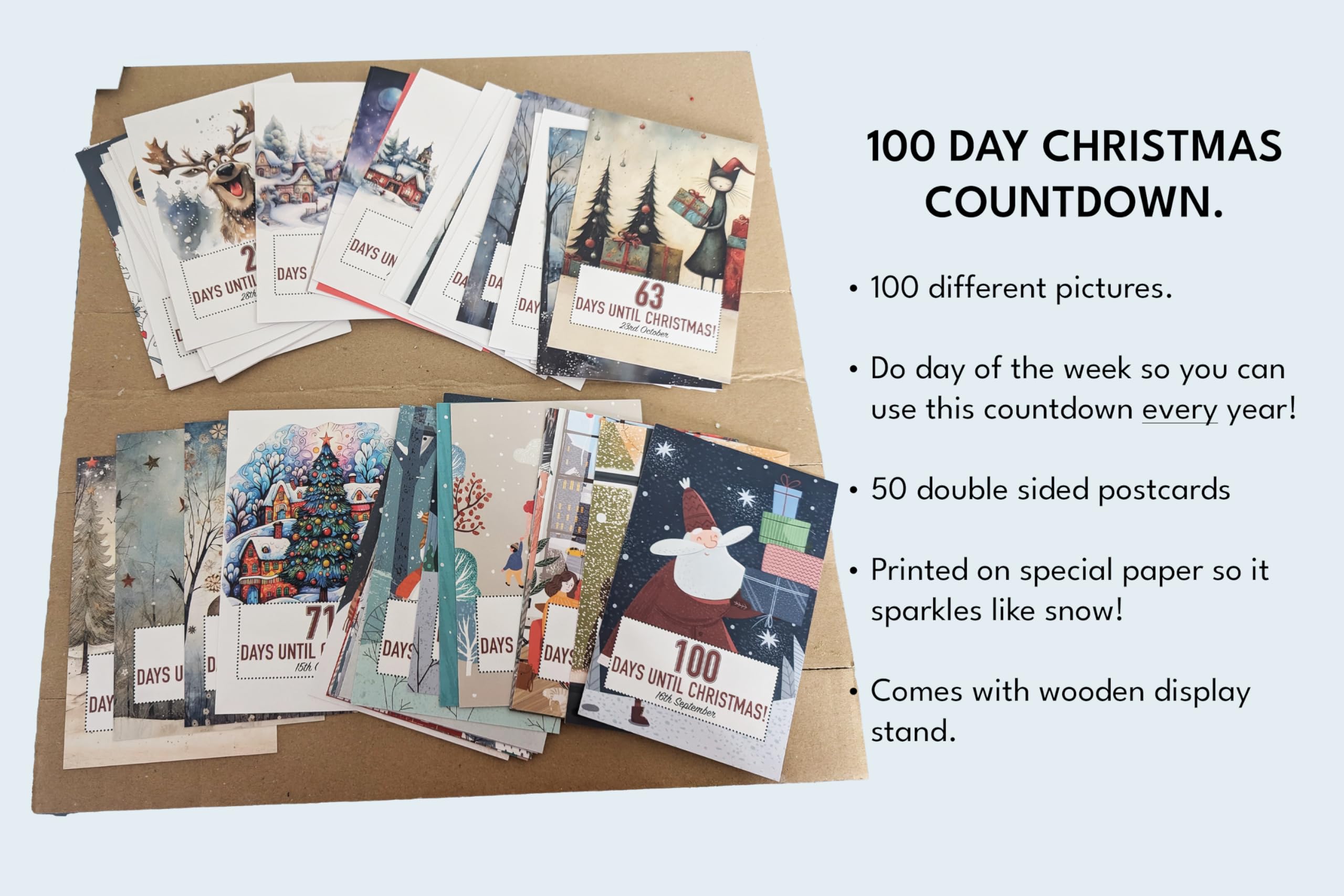 100 Day Christmas Countdown Calendar - Can be used Every Year - Wooden Stand, Mixed, Postcard - Image 2