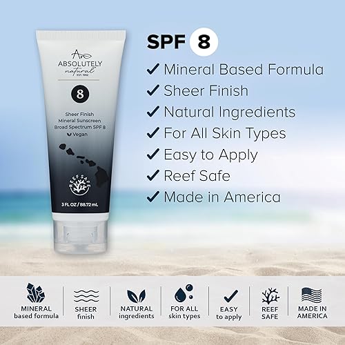 Vista 2 de Absolutely Natural - Protector solar mineral SPF 8 - Loción hidratante resistente al agua para cuerpo y cara - No nano óxido de zinc, vitamina E - 3