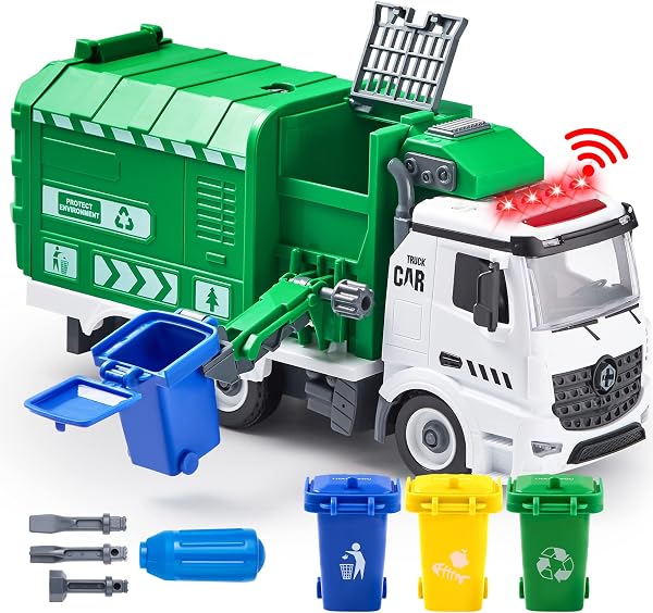Rozkłada śmieciarka Joyin Jumbo, napędzana tarciem, recykling, zabawka z oświetleniem i dźwiękami, 3 kosze na śmieci, śrubokręty, zabawka, do samodzielnego montażu