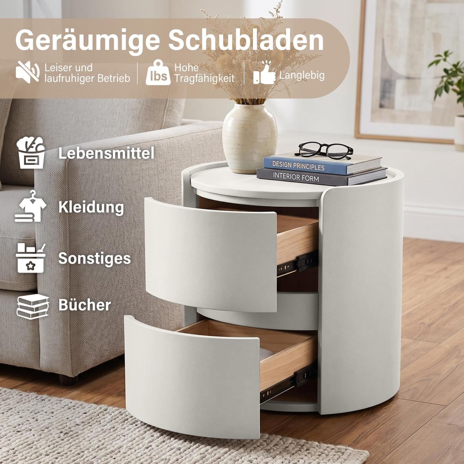 Runder Nachttisch mit 2 Schubladen Moderner Holz Beistelltisch Massivholz
