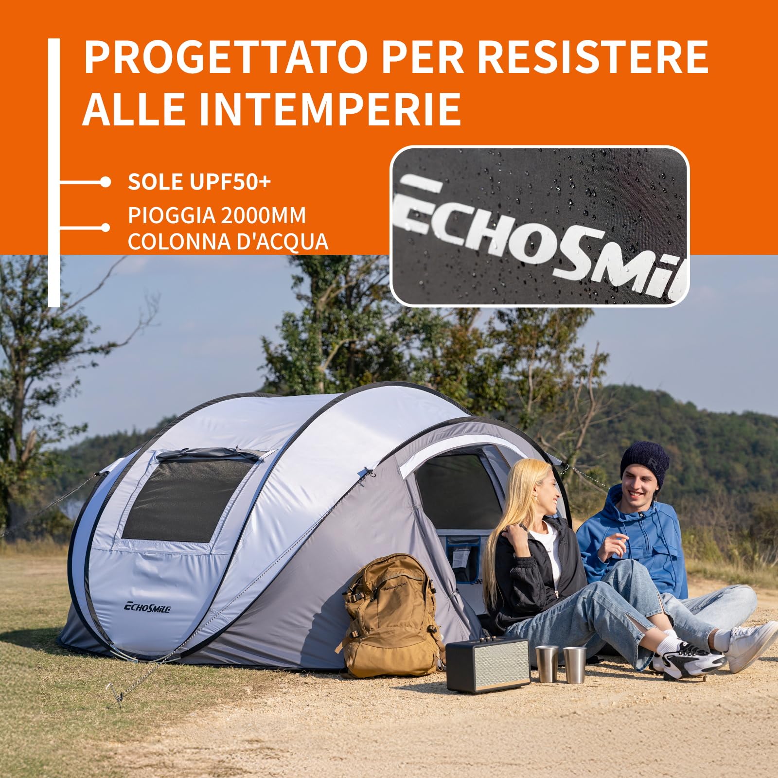 EchoSmile Tenda da Campeggio Pop Up 2/4/6 Posti Istantanea Tenda Campeggio | Portatile,Facile Installazione,Protezione dal Sole,Ventilata Antivento e Impermeabile Picnic,Trekking e Attività All'aperto