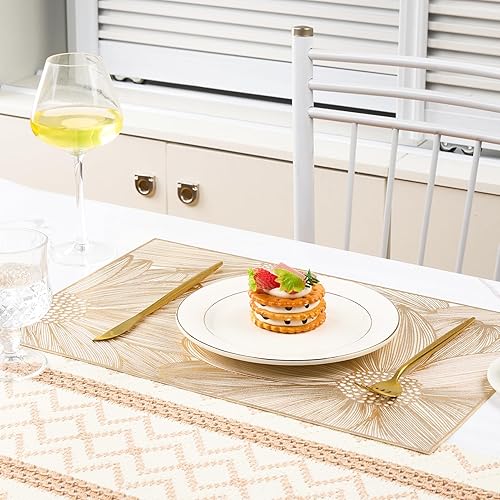 Miniatura 6 de Juego de 6 manteles individuales rectangulares dorados de vinilo para mesas de comedor, cocina, interiores, fáciles de limpiar, resistentes al