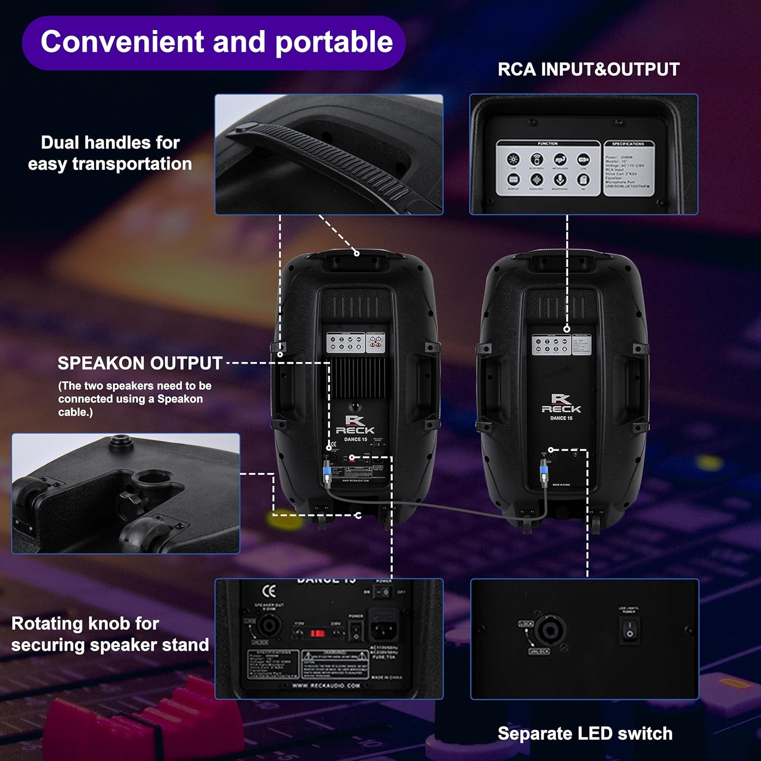 Proreck Dance 15 Portable 15-Inch 2000 Watt 2-Way Powered PA Speaker System Combo Set with Bluetooth/USB/SD Card Reader/FM Radio/Remote Control/LED Light - Image 4
