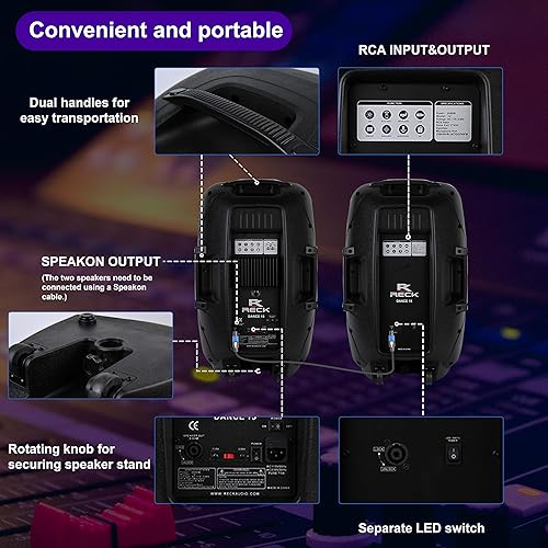 Miniatura 4 de PRORECK Dance 15 conjunto de sistema de altavoces PA portátil de 2 vías de 15 pulgadas y 2000 vatios con Bluetooth/USB/Lector de tarjeta SD/Radio
