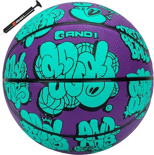 AND1 Toss Up 28.5 - Balón de baloncesto intermedio de goma para jugar en interiores y exteriores, incluye bomba, adecuado para niñas y mujeres