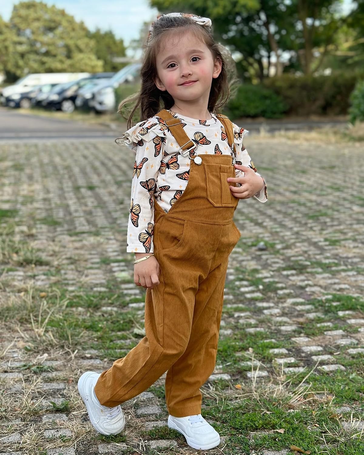 HINTINA 2PCS Baby Girls Clothes Toddler Jumpsuit Rompers Adjustable Ripped Jeans Overalls Set with Long Sleeve Stripe T-Shirt